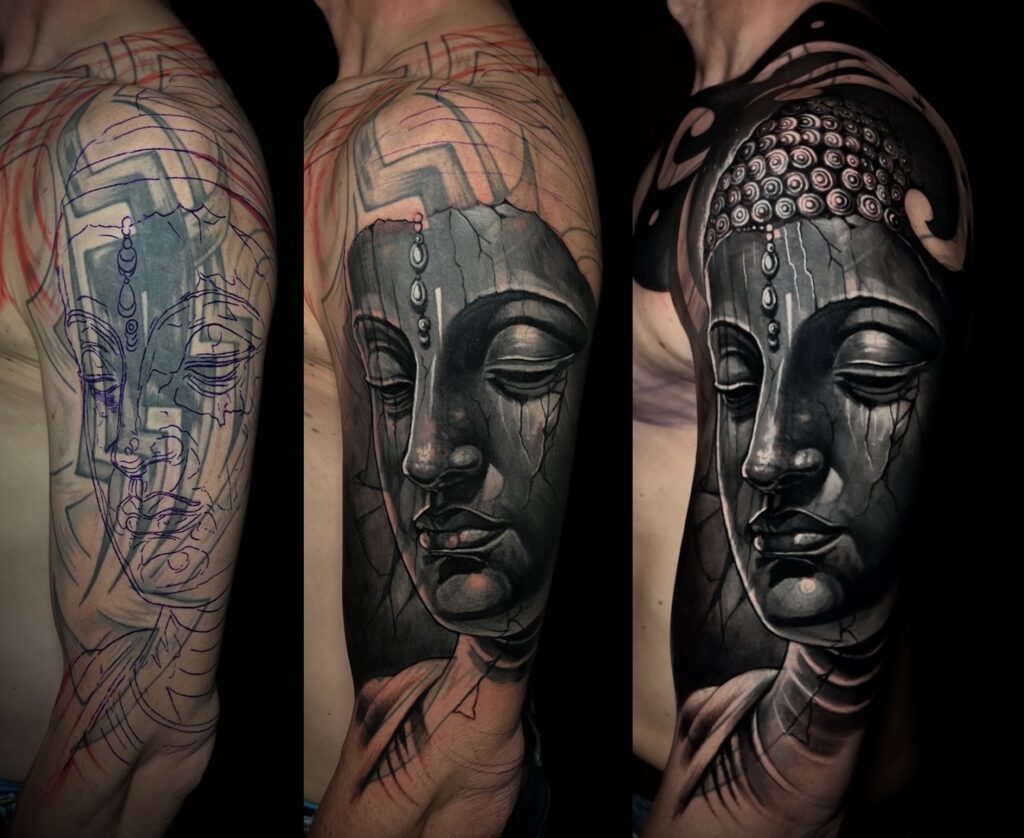 Cubrir en el estudio de tatuajes Woodpecker en Innsbruck Antes y después
