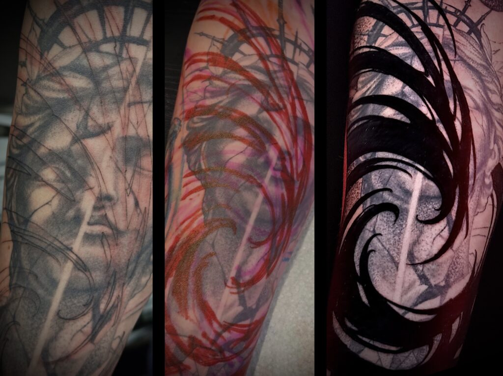 Fotos de antes y después de Blastover del estudio de tatuajes Woodpecker en Innsbruck