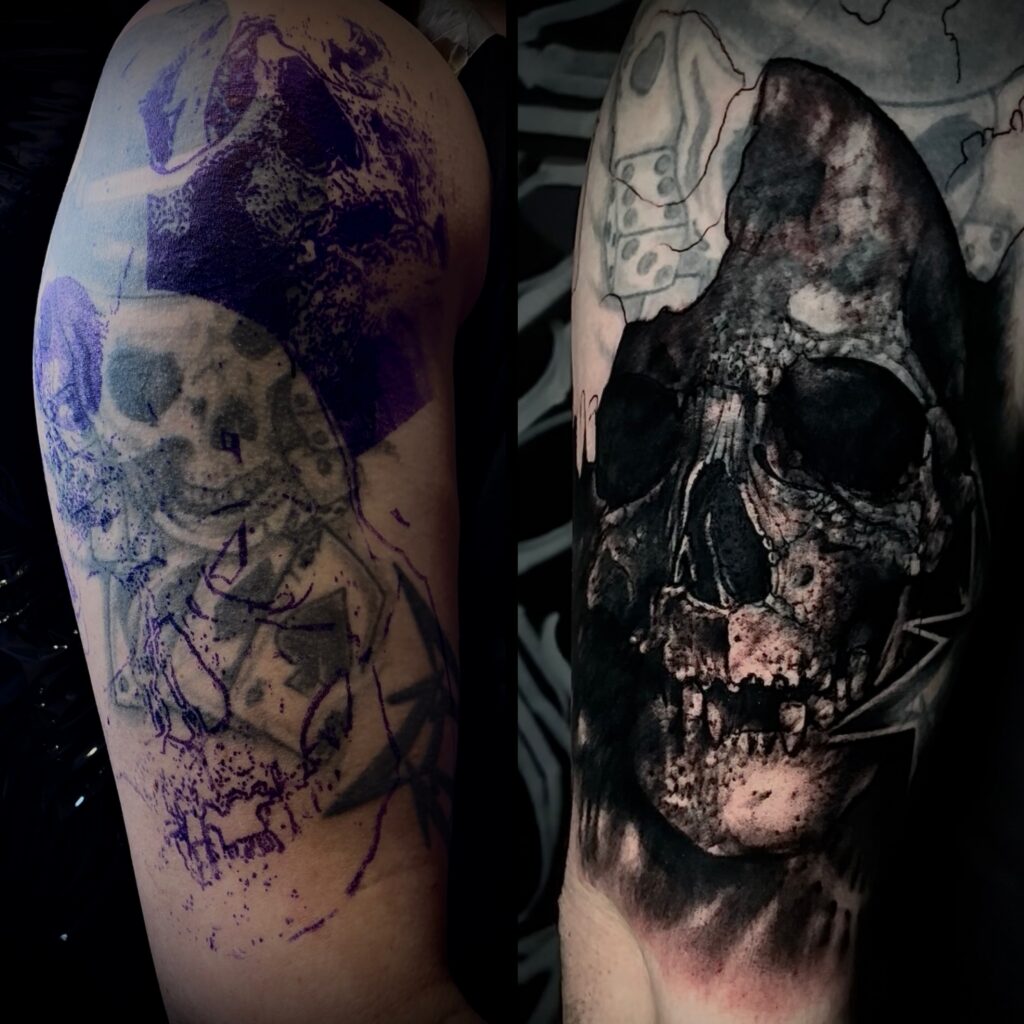 Vorher / Nachher Bild vom Cover-Up Tattoo beim Spezialisten im Woodpecker Tattoo Studio Innsbruck