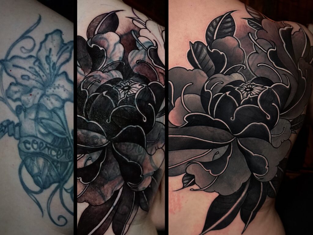 Vorher Nachher Bild von einem Cover-Up Tattoo gestochen in Innsbruck  - so funktioniert es